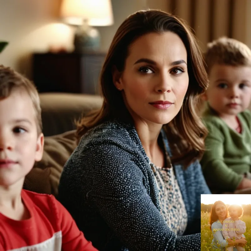 The image should show: A warm and inviting living room setting featuring a single mother sitting on a couch with her two young children playing around her, surrounded by subtle hints of government assistance materials such as brochures and posters on the walls, conveying a sense of hope and support amidst a modest yet loving home atmosphere.