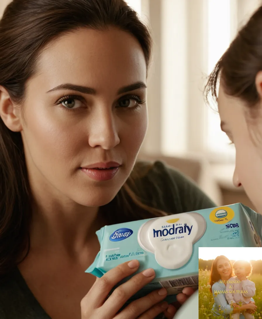 The image should show a warm and inviting photograph of a single mother carefully selecting from an assortment of maternity products, including diapers, wipes, and feminine hygiene items, amidst a comfortable living room setting with neutral tones and soft natural light.