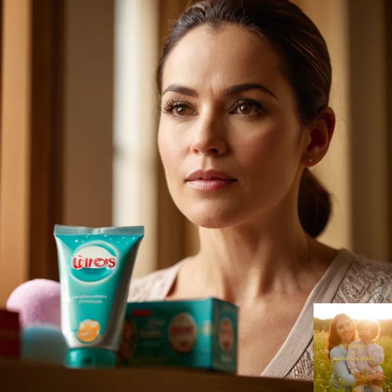 The image should show: A determined-looking single mother in her mid-30s, standing proudly in front of a shelf stacked with various feminine hygiene products, set against a warm-toned wooden background with natural light emanating from a nearby window.