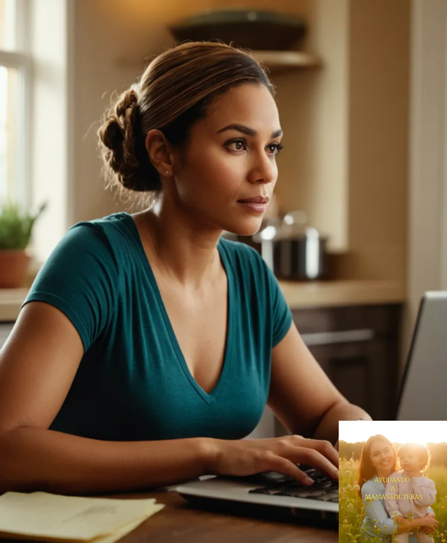 The image should show a warm and inviting portrayal of a young single mother in her mid-30s, sitting at her kitchen table, surrounded by everyday household items, intently typing on a laptop with a credit card statement and various notes for an economy collaborative plan laid out before her.