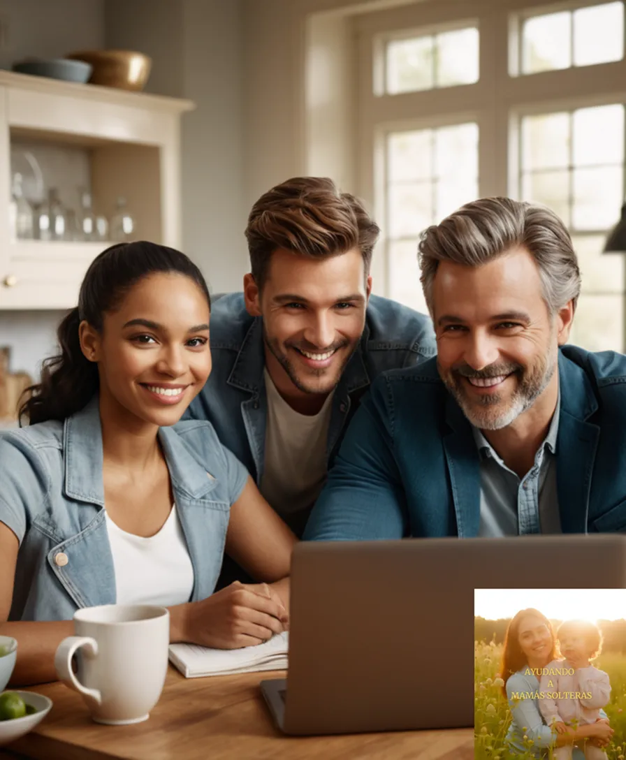 The image should show: A group of diverse friends (2 women and 2 men) smiling as they gather around a kitchen table, surrounded by laptops and financial documents, with a smartphone displaying an economy collaborative app on screen, set against a warm, natural light-filled living room.