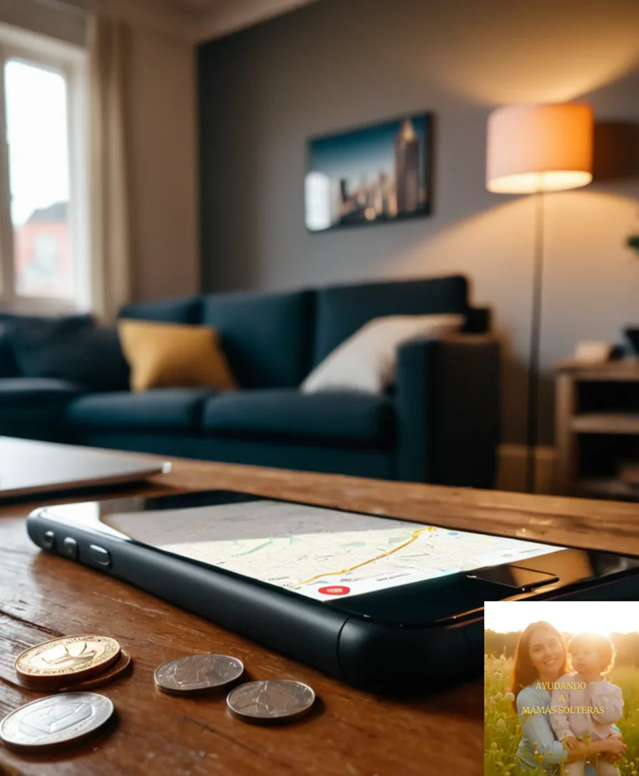 The image should show: a smartphone displayed on a worn wooden table, surrounded by scraps of paper, coins, and receipts in a cozy, cluttered room, with a laptop and a map on the wall behind it, highlighting a blurred cityscape with numerous Airbnb listings on the screen.