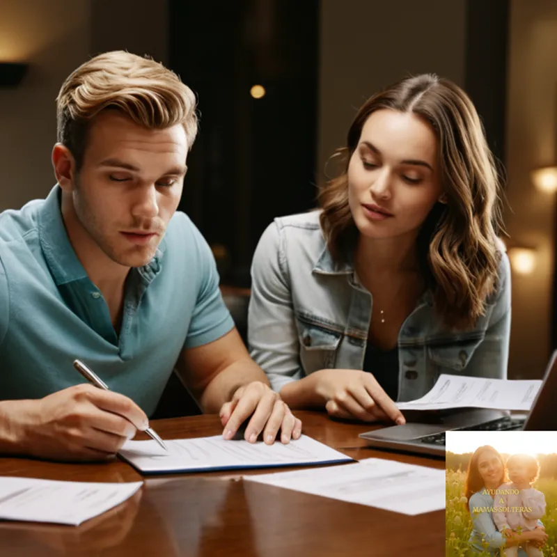 The image should show: A candid photograph of two young adults sitting at a clutter-free dining table, surrounded by laptop screens and printed documents, with stacks of neatly stacked coins, bills, and credit cards in between them, conveying a sense of simplicity and mutual financial accountability.