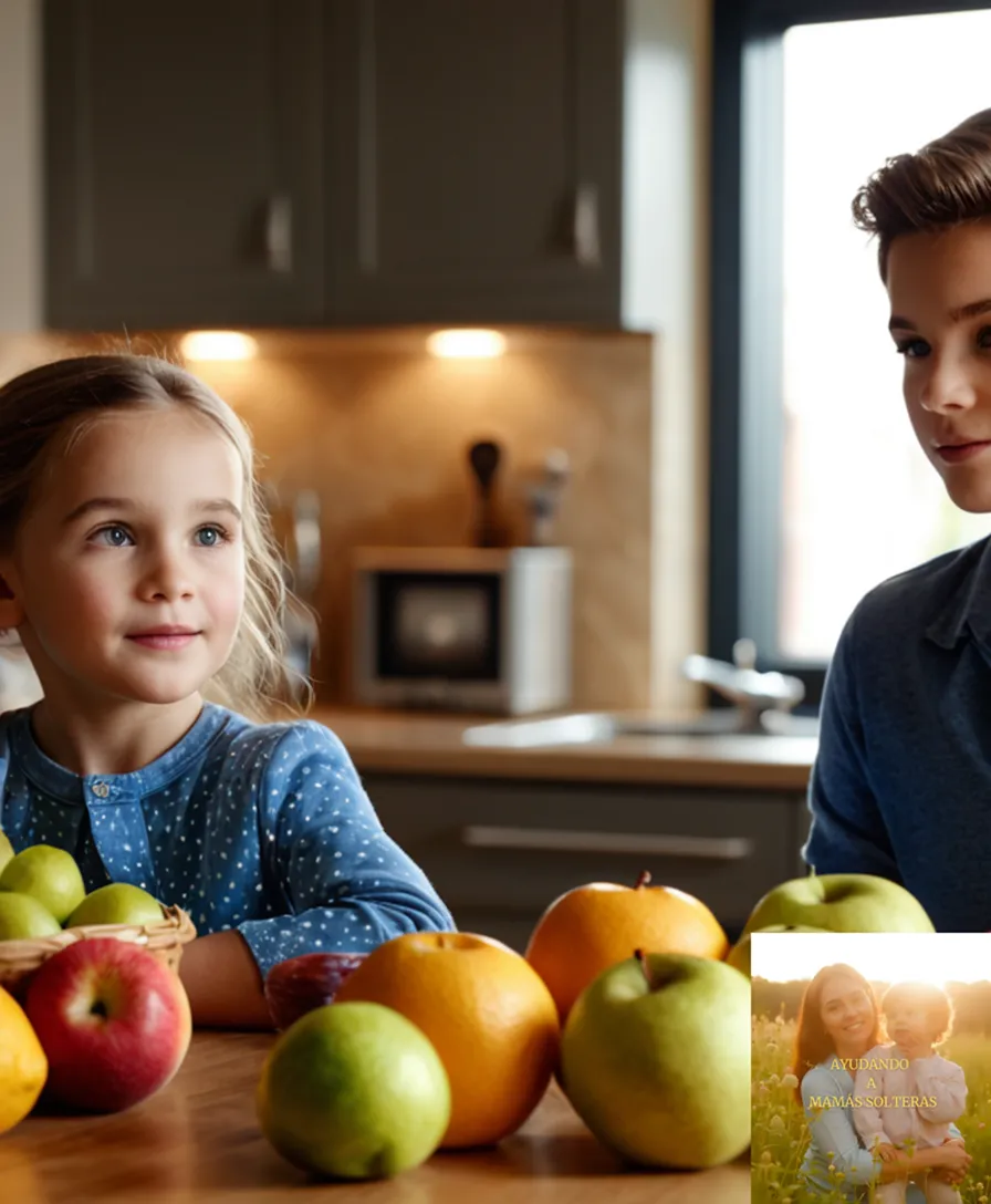 The image should show a warm and inviting living room scene where a family of four, with two young children playing together, are standing in front of a clutter-free kitchen table loaded with recyclable shopping bags from a local market, vibrant fruits, and eco-friendly cleaning supplies.