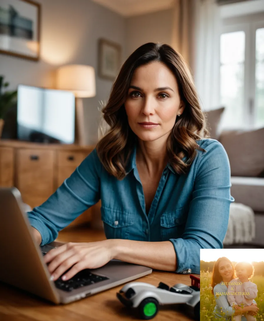The image should show a warm and gentle mother in her mid-30s, surrounded by children's toys and household items, sitting in a clutter-free living room with a laptop open on her lap, her face focused intently on the screen as she plans sustainable purchases for her family amidst a soft morning light.
