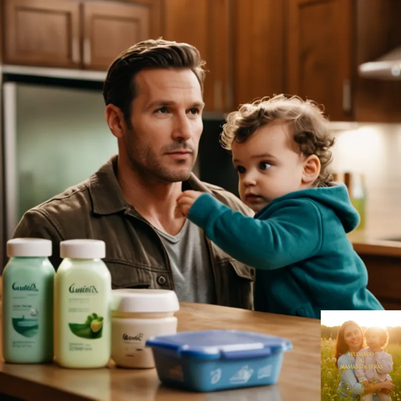 The image should show: A young father holding his toddler's hand while standing in front of a cluttered kitchen countertop stacked with eco-friendly toiletries, food containers, and recyclable bags, amidst a domestic backdrop of family photographs and half-eaten meals.
