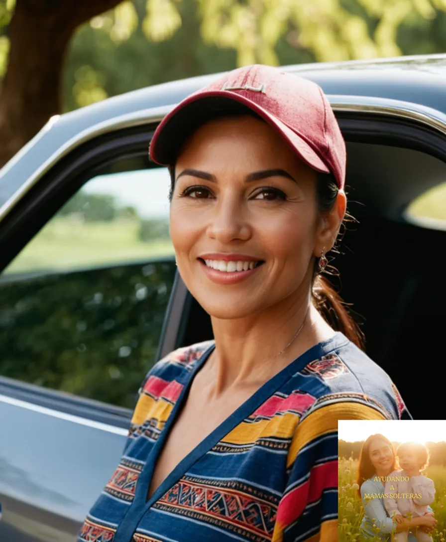 The image should show a warm and inviting photograph of a proud single mother in her mid-30s, surrounded by vibrant Mexican textiles, with a bright smile wearing a traditional blouse and a baseball cap, standing confidently beside a shiny used car with its doors open, under the shade of a sun-dappled tree.