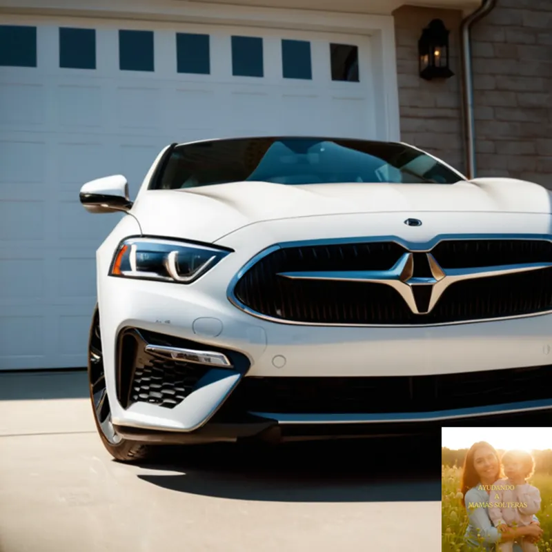The image should show a well-lit, clean sedan of average age parked on a sunny driveway, adjacent to a garage door with a white storage box and tools hanging from hooks, conveying a sense of reassurance and affordability.