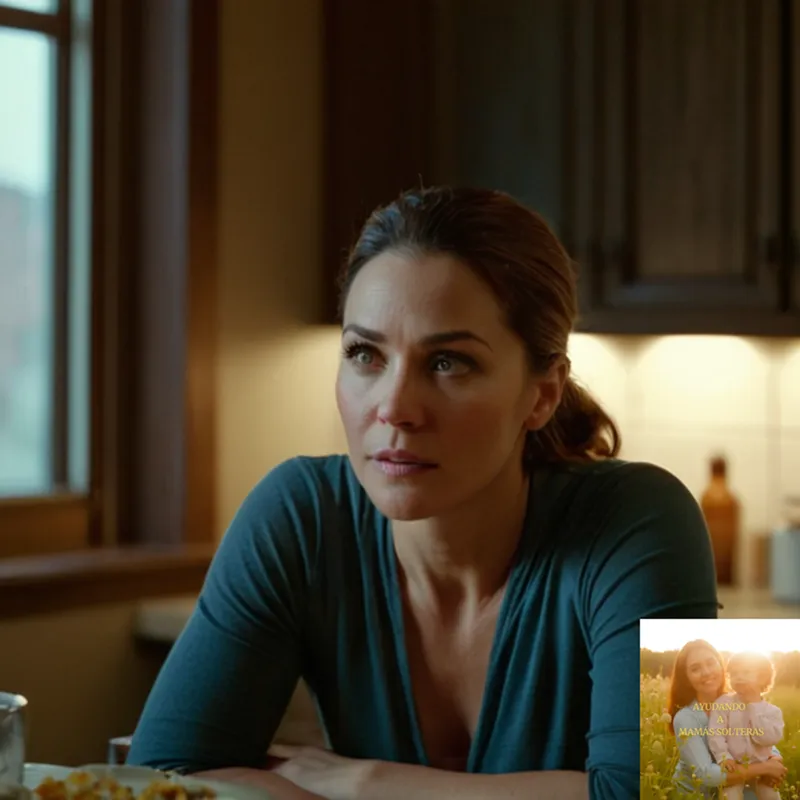 The image should show a solemn-looking single mother, mid-30s, sitting at a cluttered and worn-out kitchen table, surrounded by stacks of unpaid bills and foreclosure notices, gazing out of a grimy window towards an uncertain future in a small, yet cramped and dimly lit apartment.