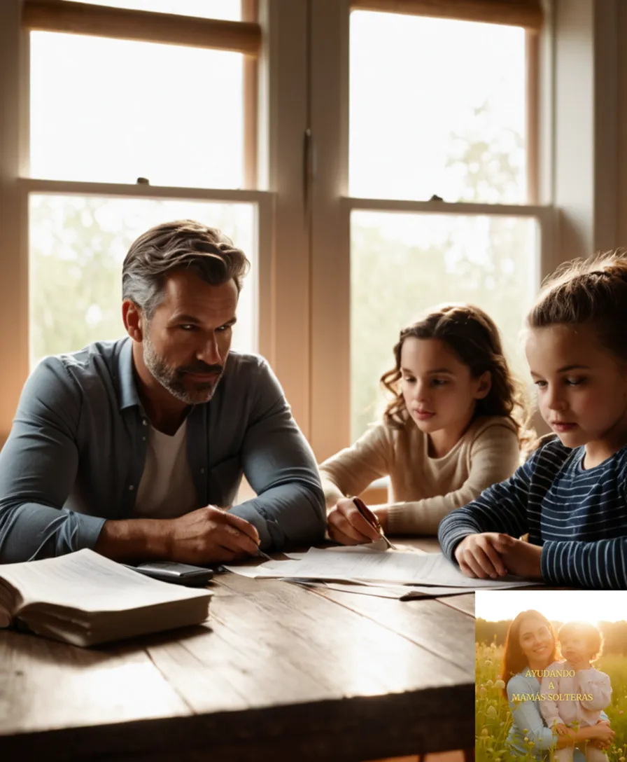 The image should show: A candid photograph of a diverse family – two parents in their mid-30s and two children aged 6 and 8 – sitting around a cluttered kitchen table, surrounded by unpaid bills, calculator, and financial documents on the worn wooden surface, as a warm afternoon sunlight filters through the window behind them.