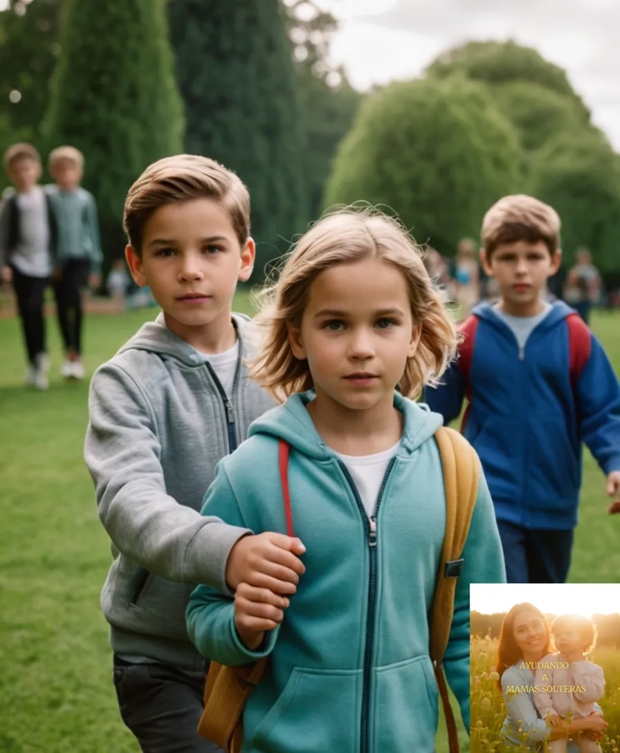 The image should show: A group of three young boys holding hands and walking alongside a teenage girl in a park on a cloudy morning, surrounded by real trees, lush grass, and well-maintained playground equipment, each child's face filled with concentration or curiosity.
