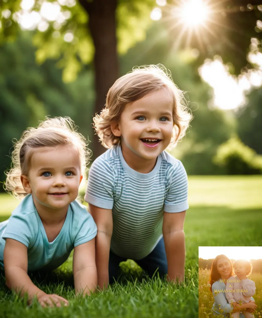 The image should show a heartwarming scene of two small children, both around 4-5 years old, dressed in casual summer outfits, happily playing together on a lush green lawn with tall trees providing shade and sunlight, their faces beaming with innocence and friendship.