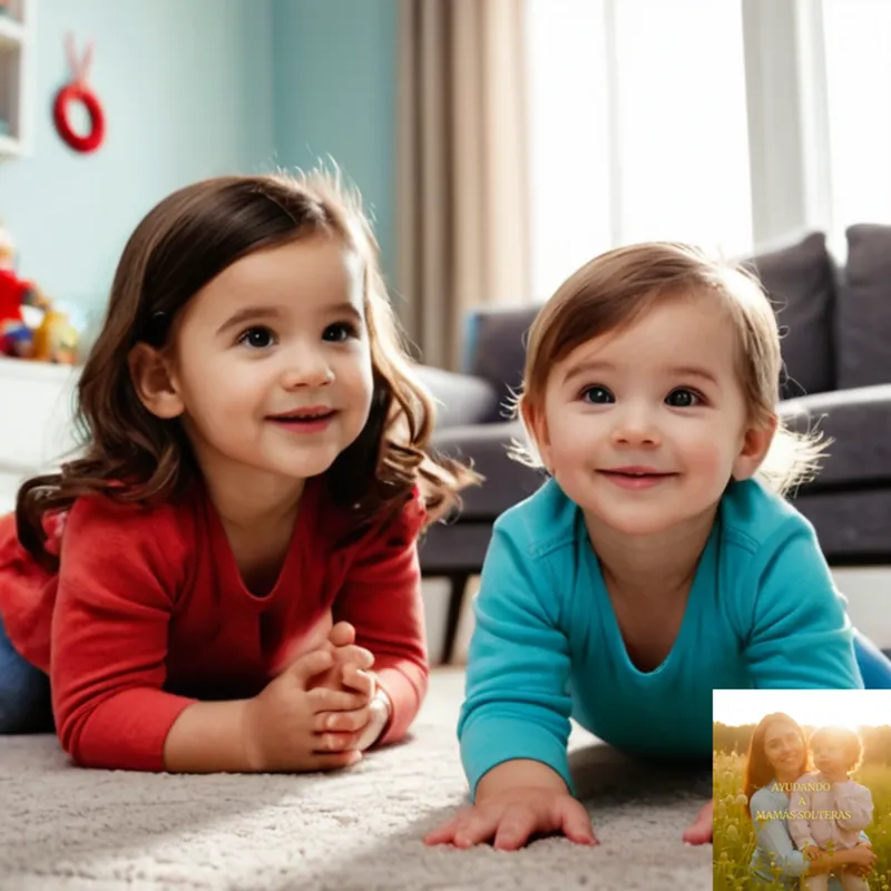 The image should show two smiling children, around 2-3 years old, sitting on the floor of a living room with brightly colored toys scattered around them, holding hands as they look up at their parents who are kneeling beside them, forming a nurturing and intimate atmosphere.