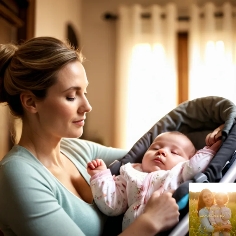 The image should show: A sweet and exhausted young mother gently rocking her two sleeping offspring in their stroller on a worn wooden floor, amidst a clutter of toys and baby clothes, with soft morning sunlight filtering through a nearby window's lace curtain.