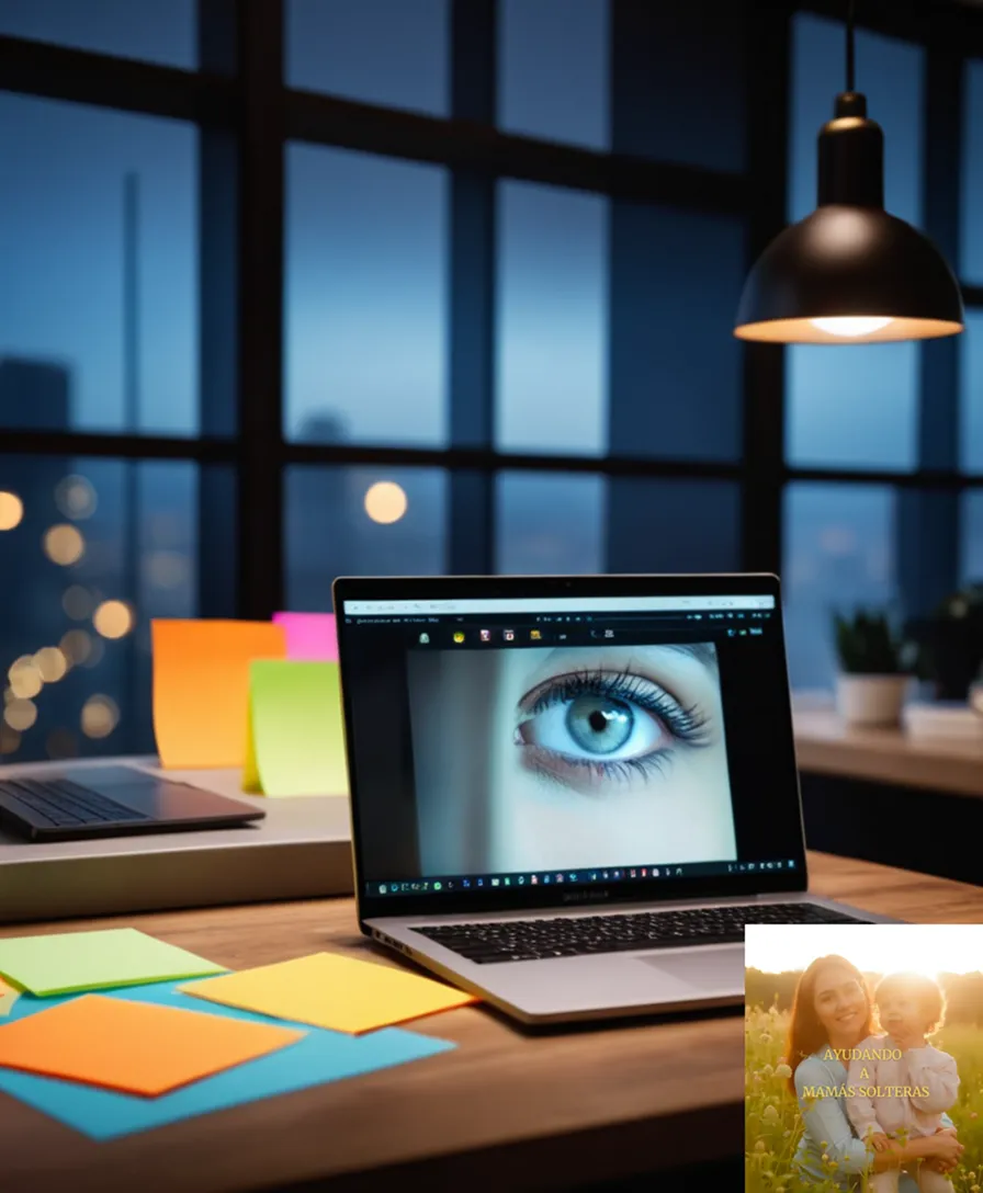 The image should show a bright and modern laptop screen displaying a digital platform of online courses on a clutter-free wooden desk, surrounded by colorful sticky notes with entrepreneurial ideas and a cityscape blurred in the background through a window, symbolizing the possibility to turn a dream into reality.