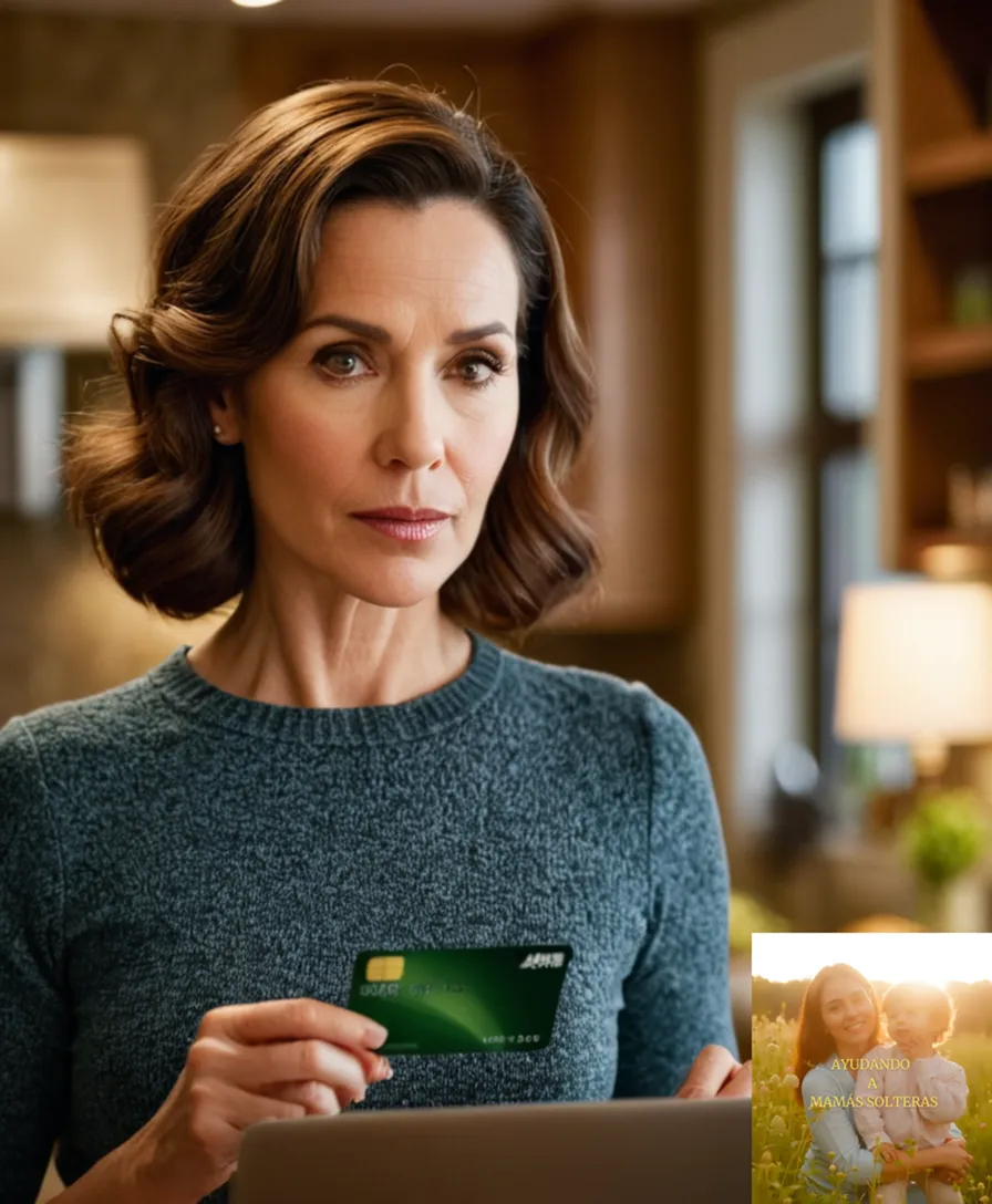 The image should show an adult woman in her mid-thirties, standing confidently in her kitchen, surrounded by children's pictures on the wall, while holding a laptop and credit card statements, signifying a moment of empowerment as she reviews financial assistance course materials for single mothers.