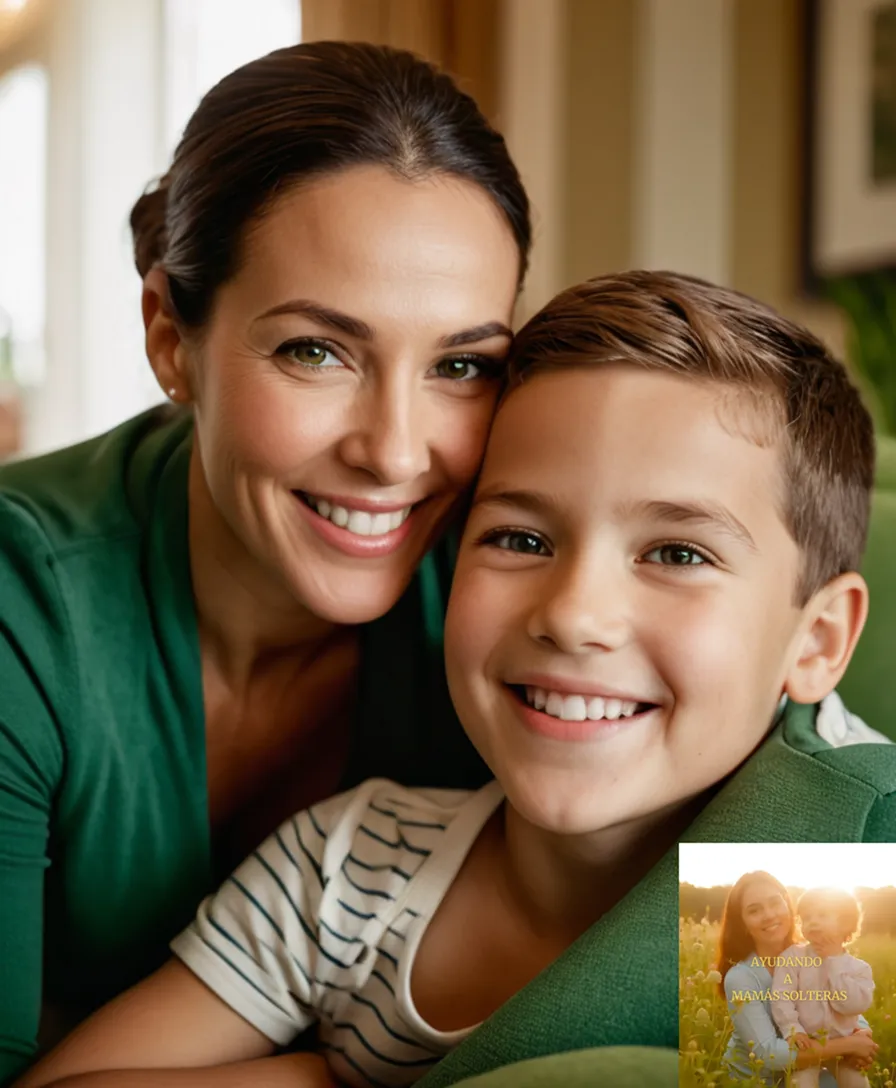 The image should show a warm and inviting photograph of a single mother smiling tenderly as she plays with her son on a lush green couch in a cozy living room, surrounded by framed family photos and educational materials, conveying a sense of comfort and dedication amidst the chaos of everyday life.
