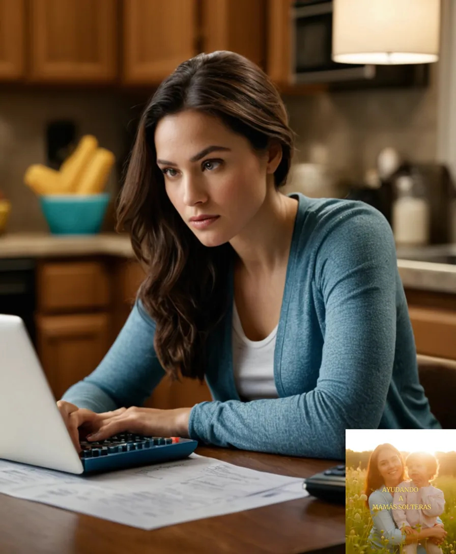 The image should show: A young single mother in her early thirties, sitting at a cluttered kitchen table amidst laundry and groceries, with a laptop open in front of her, surrounded by scribbled to-do lists and financial documents, as she optimistically studies a calculator and a receipt.