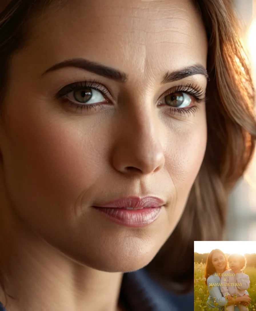 The image should show a warm and intimate shot of a single mother in her late 30s, radiating a sense of warmth and dedication, surrounded by photos and mementos of her children, amidst a modestly decorated living room set against a sunny windowpane, with a gentle soft focus.