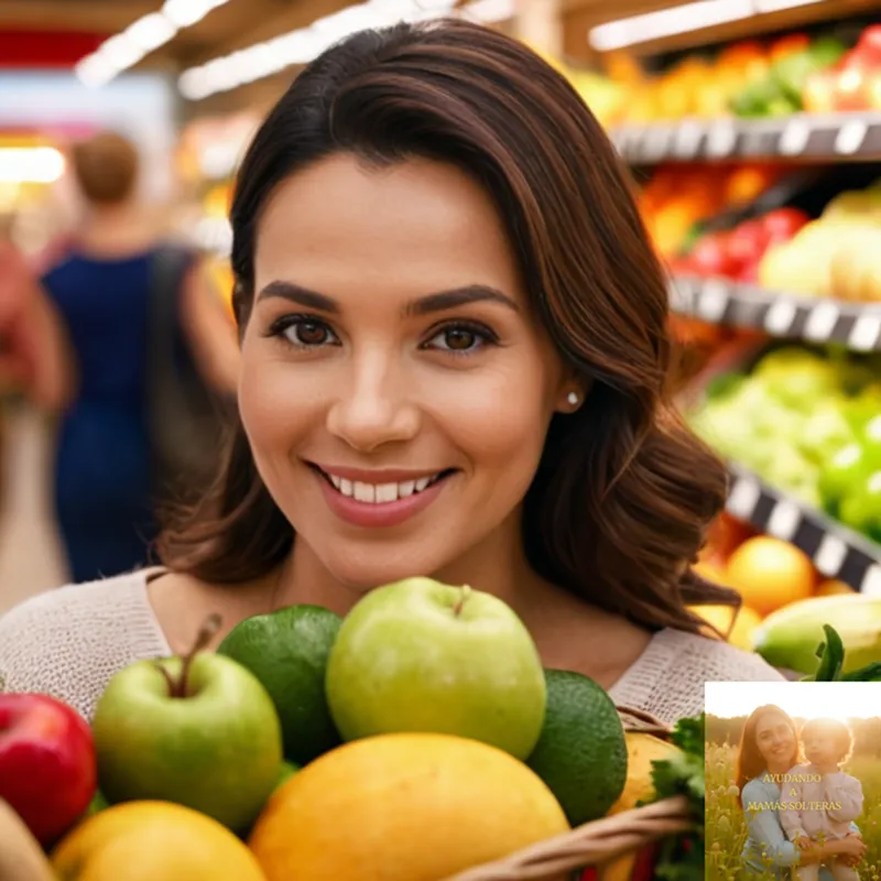 The image should show: A warm and welcoming photograph of a solitary mother in her mid-30s, smiling gently as she holds a shopping basket filled with groceries for her children, standing in front of a vibrant marketplace backdrop with colorful fruits and vegetables.