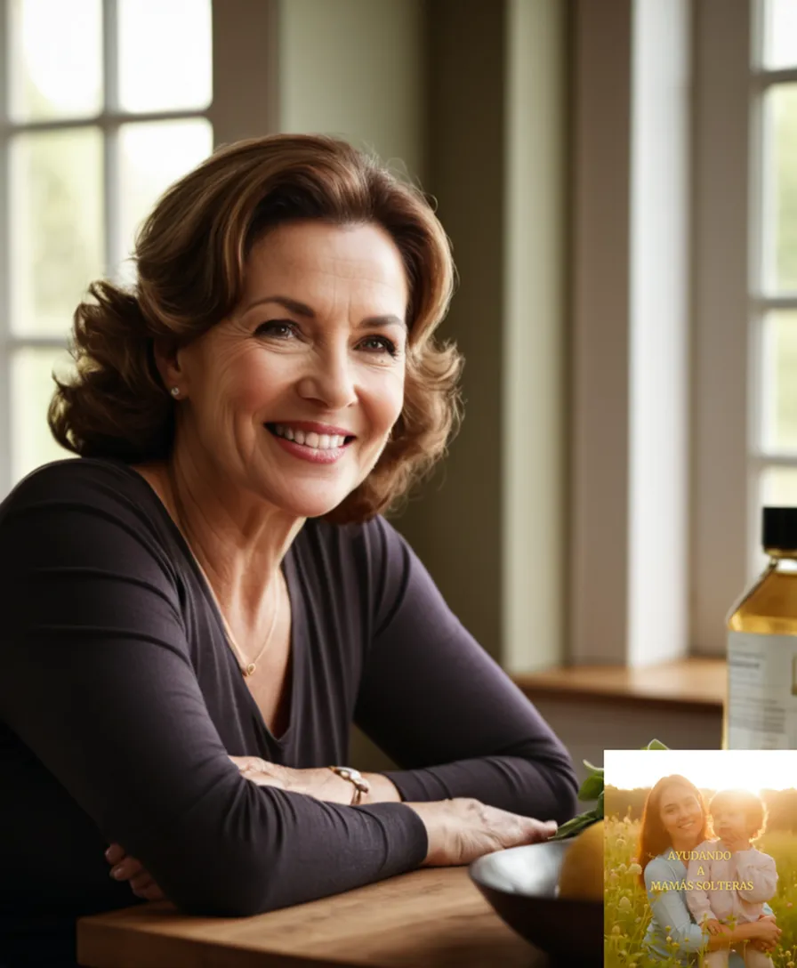 The image should show: A warm and embracing photograph of a middle-aged mother in her late 30s, smiling warmly while sitting at a kitchen table amidst the organized chaos of meal prep supplies and laundry, surrounded by subtle morning natural light filtering through the window.