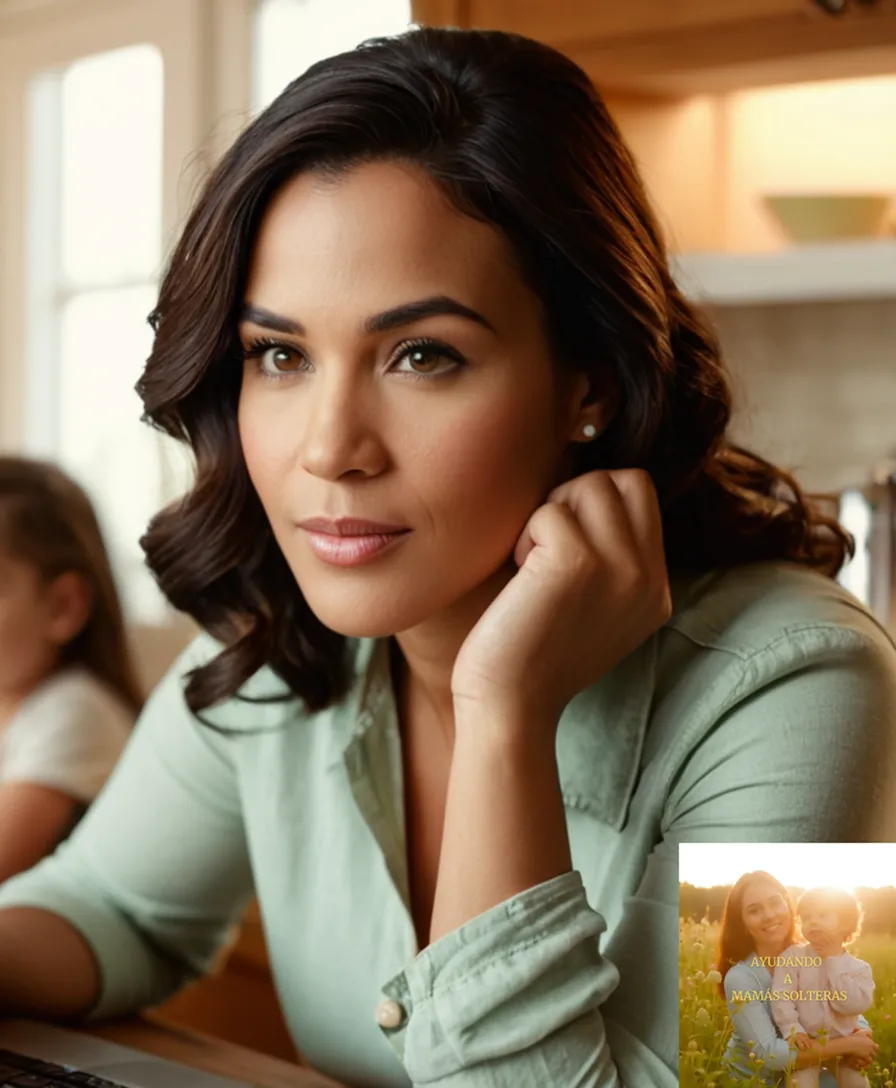 The image should show a warm and inviting photograph of a young single mother in her mid-30s sitting in her cozy kitchen, surrounded by lovingly prepared children's arts and crafts projects, while simultaneously typing on her laptop with a notepad and pen nearby, all against a soft natural light background.