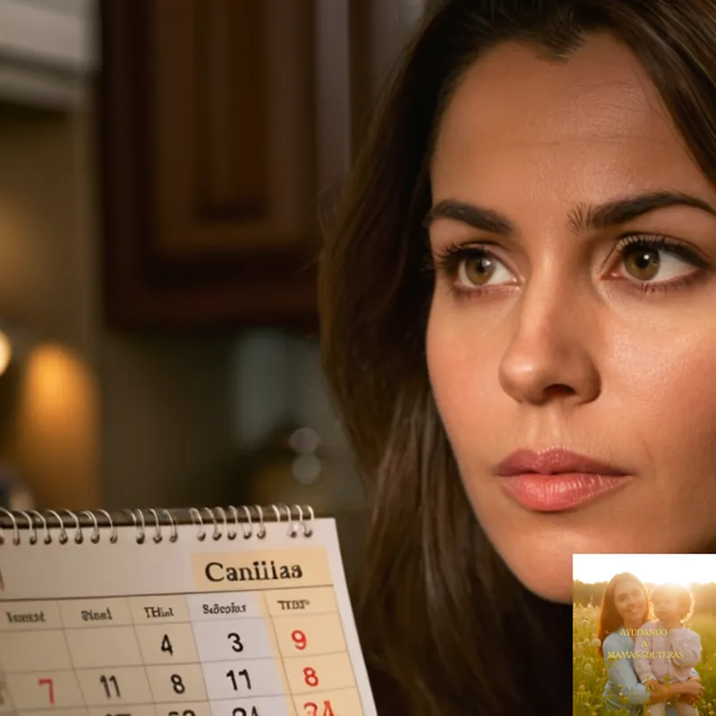 The image should show a close-up of a single mother in her mid-30s, surrounded by a cluttered kitchen filled with bills, unpaid notices and financial documents, as she stares intensely at a calendar, with a mix of worry and determination etched on her exhausted face.