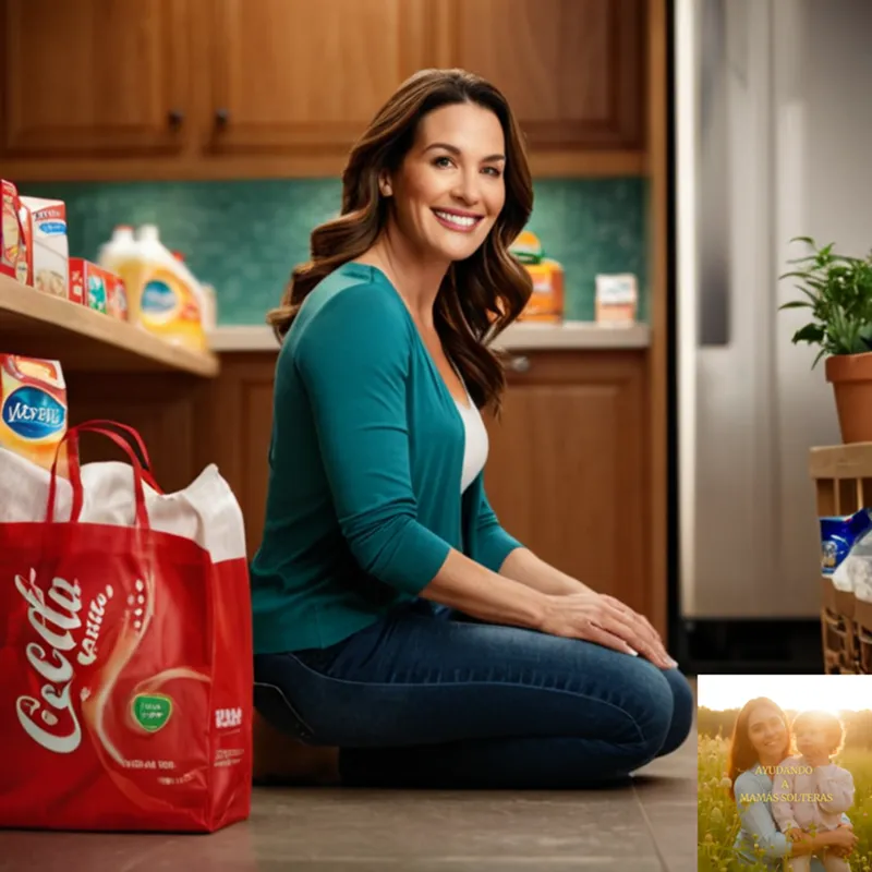 The image should show a warm and inviting snapshot of a smiling single mother in her mid-thirties, kneeling among grocery cartons and shopping bags on a colorful kitchen floor, with a few packets of branded goods, including laundry detergent and infant formula from familiar brands, nearby.