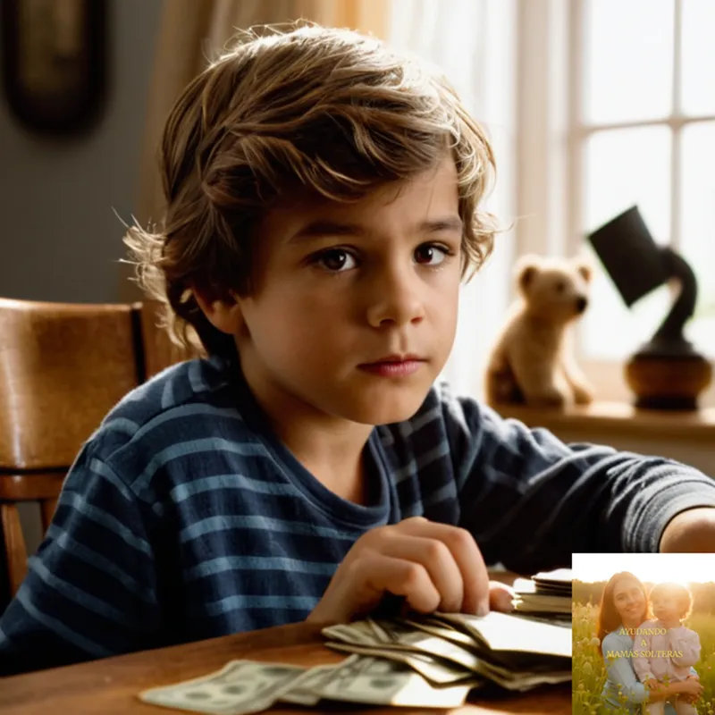 The image should show a tousled-haired, brown-eyed 8-year-old boy sitting on a worn wooden chair, surrounded by scattered toys and books in a sun-drenched living room, clutching a crumpled up $5 bill in his small fist, looking puzzled but thoughtful.