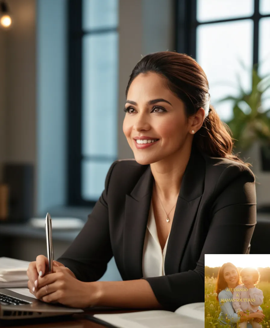 The image should show a warm and hopeful scene of a Latina single mother in her mid-30s, seated at a desk with a laptop open in front of her, surrounded by charts, calculators, and stacks of financial books, gazing upwards with a confident smile towards the window where sunlight casts a gentle glow on her hands holding a pen.