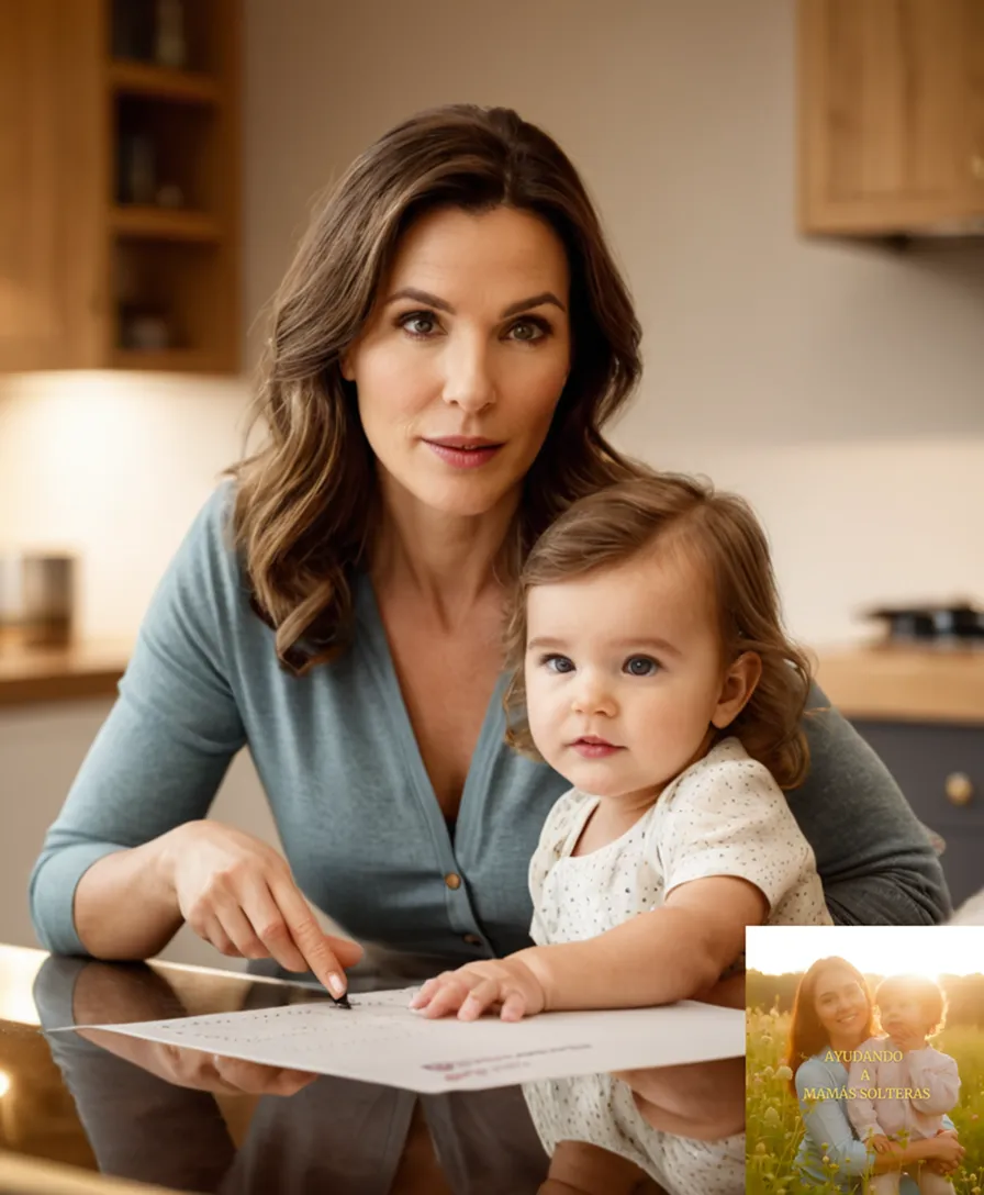 The image should show: A warm and welcoming kitchen, with a single mother in her mid-30s, visibly busy but content, surrounded by several calendars, papers, and work-related items, while simultaneously feeding and playing with her young child on the couch, under soft natural light.