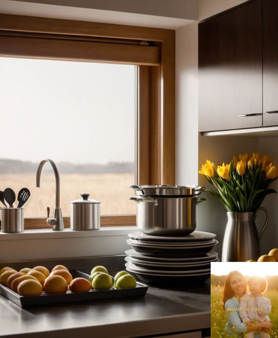 The image should show a worn but tidy refrigerator standing alone in a simple, well-lit living room, its stainless steel exterior reflected subtly from a sunbeam entering through the adjacent window, next to it a few neatly stacked boxes of kitchen utensils, and a calendar on the wall displaying yesterday's date.