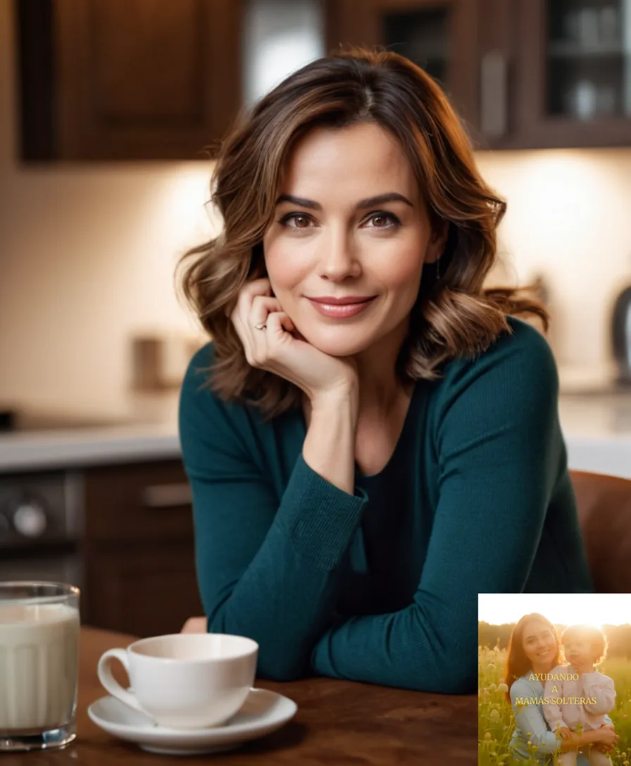 The image should show: A gentle-looking woman in her mid-30s, with messy brown hair and a warm smile, sitting at a small kitchen table, surrounded by financial papers and a laptop, while giving a gentle hug to a curious toddler playing behind her chair.