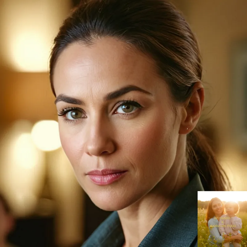 The image should show a single mother in her mid-30s, wearing casual work attire and a mix of worry and determination on her face, standing in front of a humble but tidy living room, surrounded by faint posters of children's artwork and a calendar with financial notes.