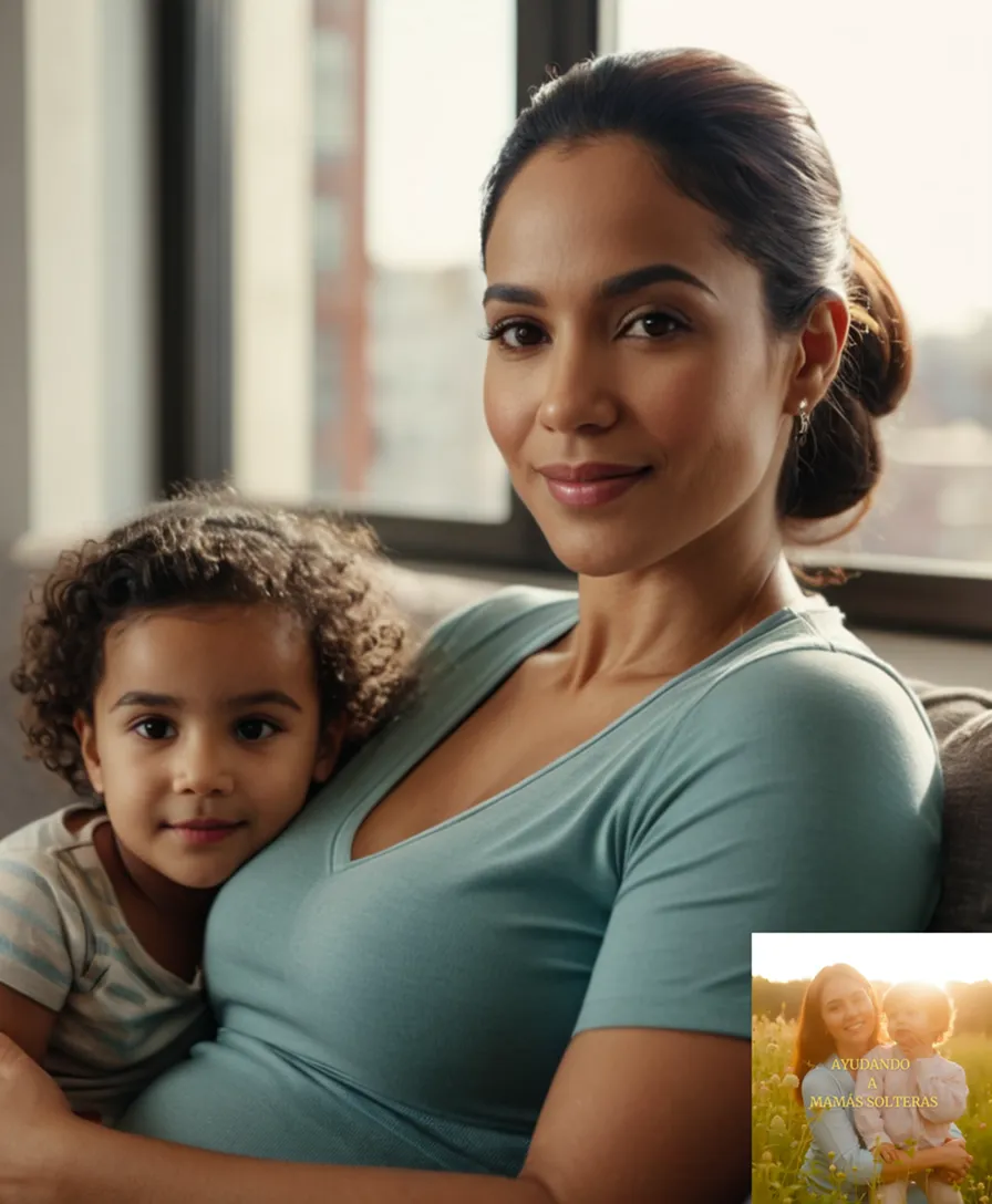 The image should show a young Latin American single mother in her 30s, sitting confidently on a worn-out couch with a small child's toy beside her, holding a laptop and smiling warmly while gazing out of a sunny window with a cityscape blurred outside, while gentle morning light fills the room.