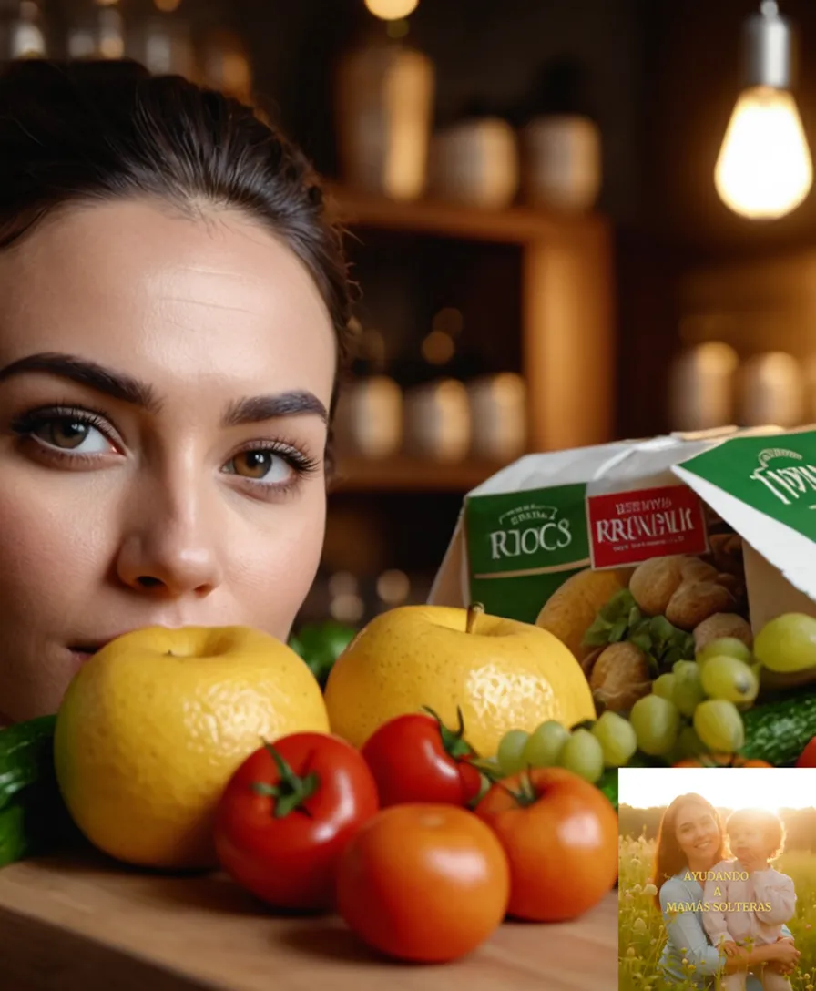 The image should show a partially eaten table laden with a medley of fresh fruits and vegetables from multiple colors on a wooden kitchen counter, next to a glass container filled with leftover rice and accompanied by a stack of open cardboard boxes and crumpled supermarket packaging.