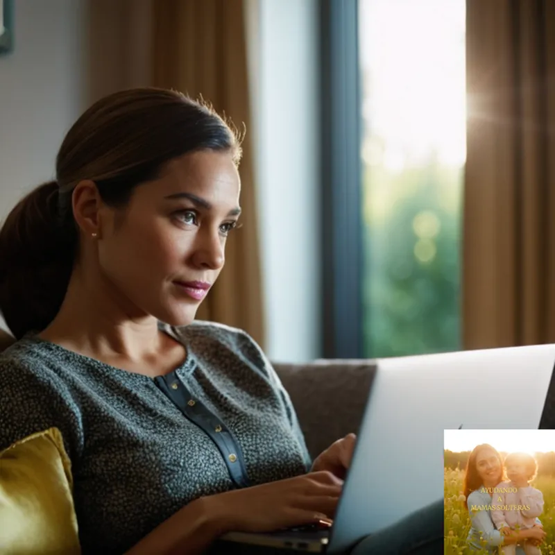 The image should show: A single mother, seated on a worn couch in a cozy living room, gently cradling her young child as she gazes at an open laptop displaying government energy-saving assistance websites on its screen under soft natural light pouring through the window beside them.