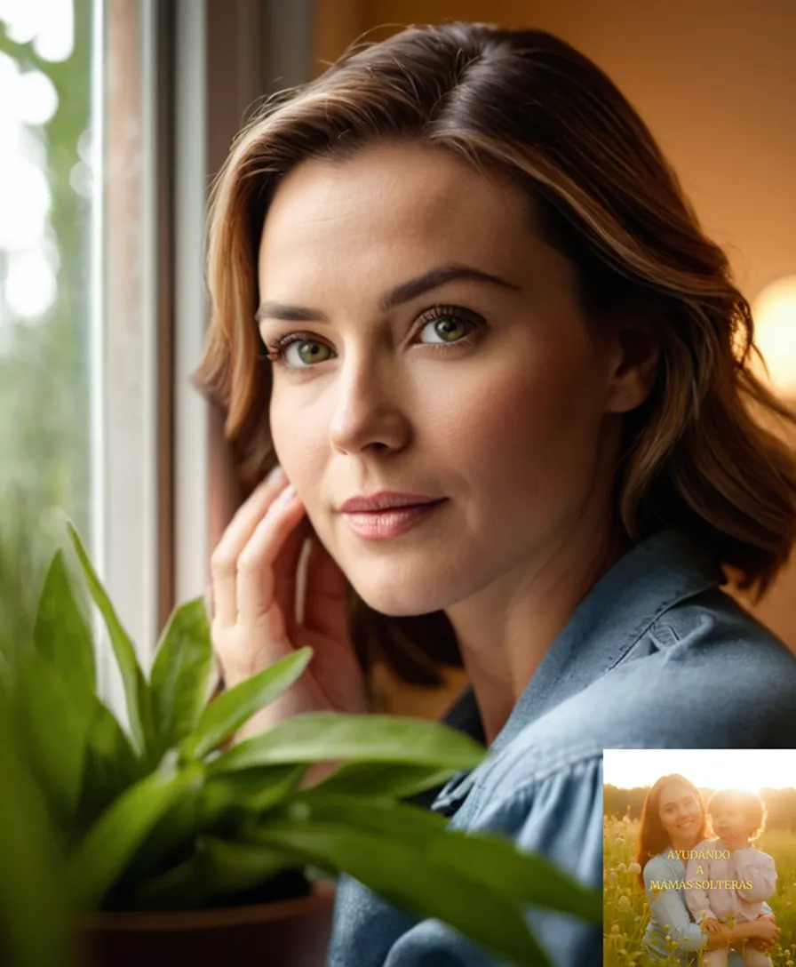 The image should show a genuine photograph of a solo mother leaning against a simple yet warm wall, surrounded by vibrant green plants and a few essential household items, while her hand gently touches a LED light smart bulb she is holding, which shines softly in the afternoon sunlight streaming through a window.