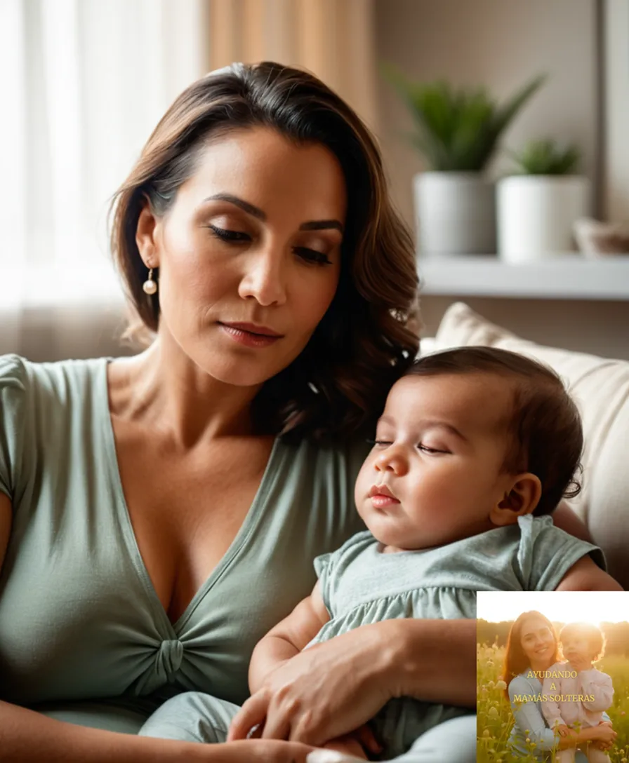 The image should show a warm and inviting portrait of a devoted mother in her mid-30s, sitting on the couch with a laptop open, surrounded by framed family photos and plants, gazing lovingly at her sleeping infant in her arms, bathed in soft morning sunlight filtering through the window.