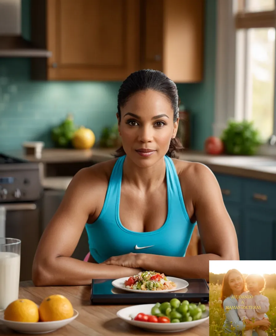 The image should show a sincere-looking single mother in her mid-30s sitting at a small kitchen table, surrounded by healthy food, exercise equipment, and children's toys, with a laptop open on recipes and budgeting guides, against a warm and natural light-filled background.