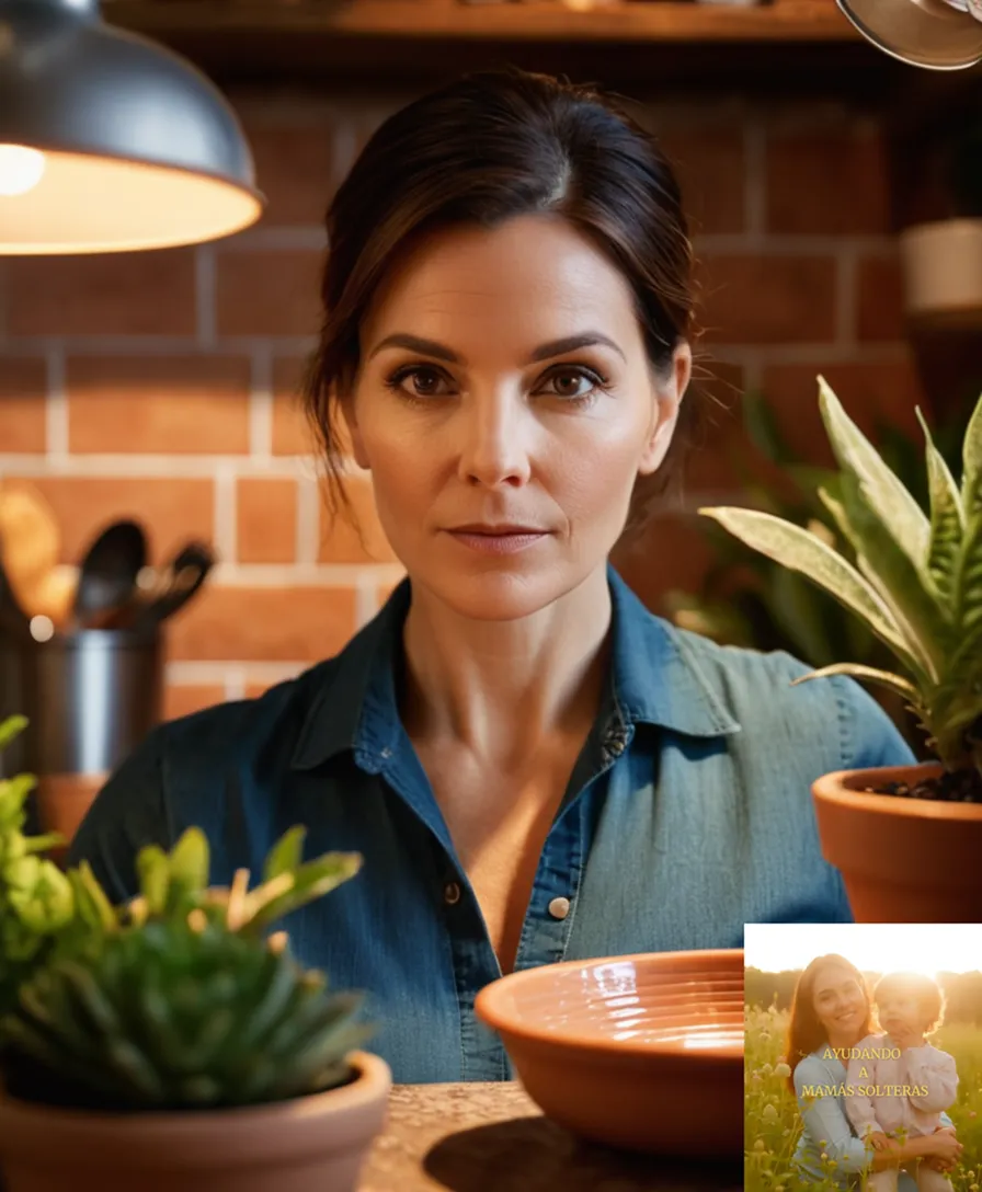 The image should show a humble yet determined-looking woman in her late 30s, surrounded by the warm glow of kitchen utensils and potted plants, standing proudly beside a chalkboard filled with neatly scribbled eco-saving tips, amidst a background of natural textures like terracotta tiles and woven baskets.