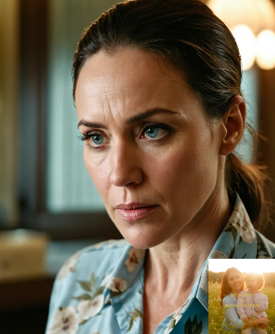 The image should show a weary yet determined-looking mother in her mid-30s, with a few years of life experience etched on her face, standing in front of a sink faucet with worn-down tiles and a dripping effect from the water, wearing a pale blue floral shirt and holding a utility bill with worry lines creasing her forehead.