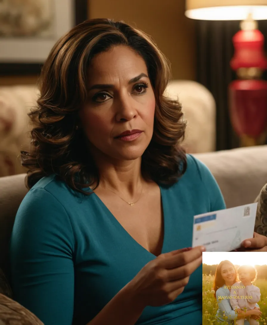 The image should show a Latina mother in her mid-30s, sitting on a worn couch in a small, dimly lit apartment, surrounded by stacks of unpaid bills and children's toys, with a forlorn expression etched on her face as she gazes at a stack of unopened envelopes bearing red