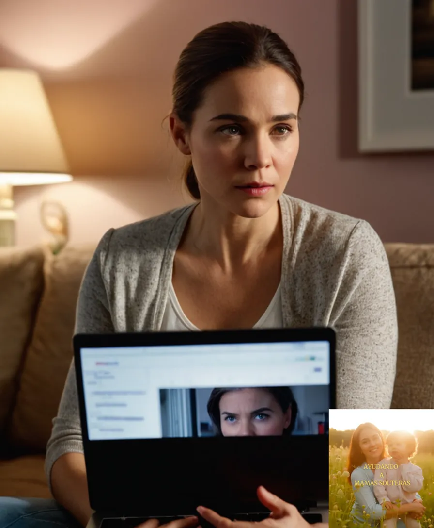 The image should show a photo of a young mother in her late 20s or early 30s, sitting on a worn couch in a modest living room with faded walls and scattered toys around her, holding a laptop with a spread sheet on the screen, displaying financial records, with a worried expression and a child's hand gently resting on her shoulder.