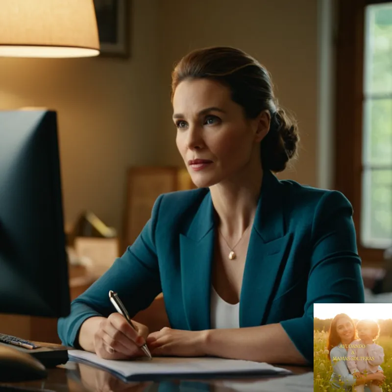 The image should show a woman in her mid-30s sitting at a cluttered desk surrounded by unpaid bills, staring intently at a particularly large electric bill, while holding a pen and calculator in one hand, amidst a well-lit but small, modestly decorated home.