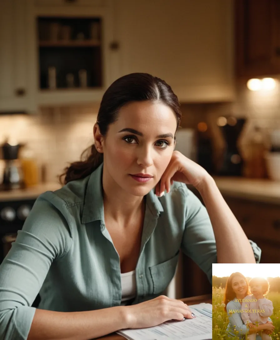 The image should show a woman in her mid-30s sitting at a cluttered kitchen table, surrounded by family photographs and financial documents, as she stares intensely at a budget spreadsheet on her laptop, with a cup of coffee and a pencil nearby.