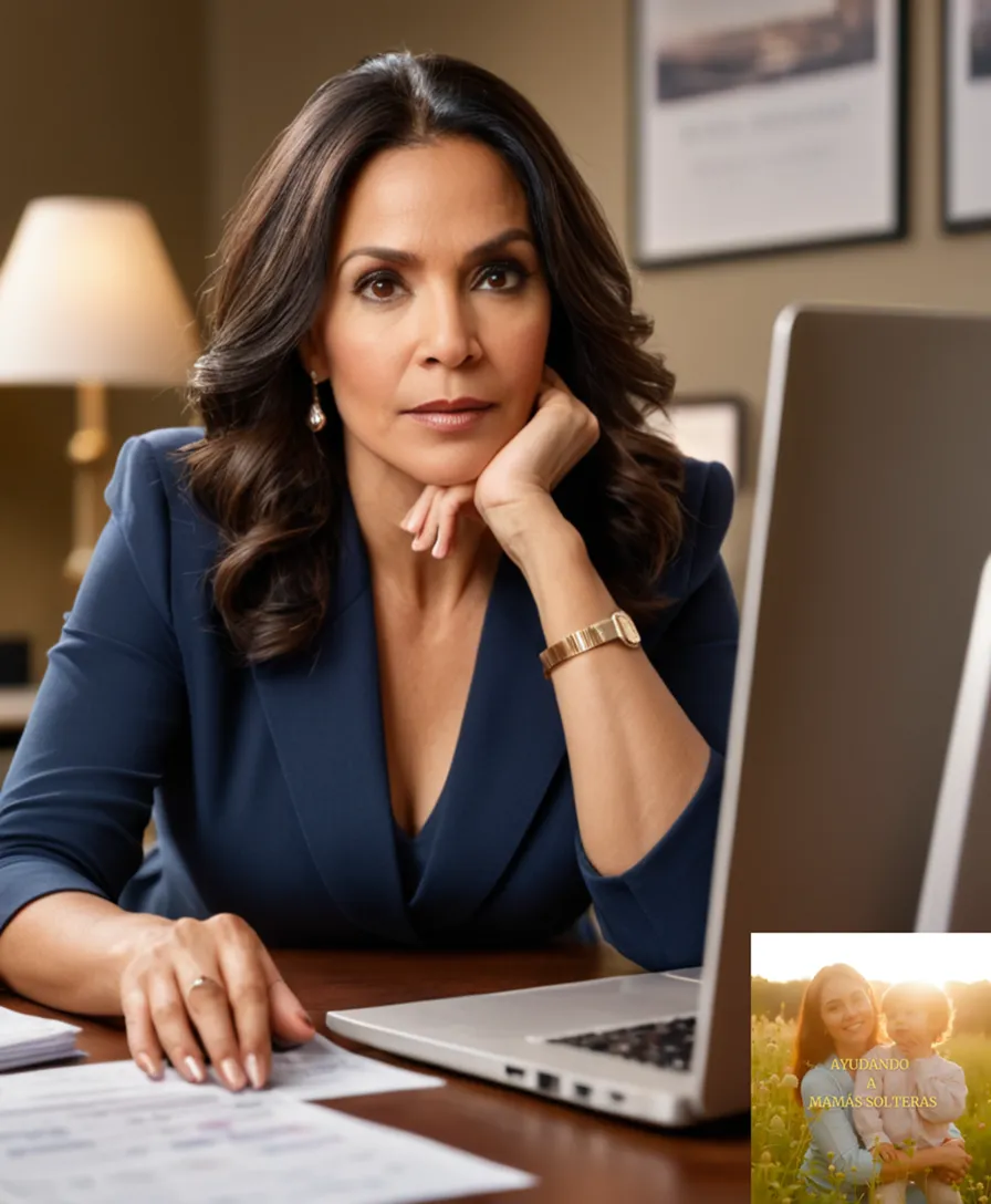 The image should show: A determined-looking middle-aged Latina woman with long dark hair and warm skin, sitting in front of a cluttered desk with financial documents scattered around her, looking confidently at an open laptop with a budget planner on the screen as she holds a toddler's sticky hand behind her.
