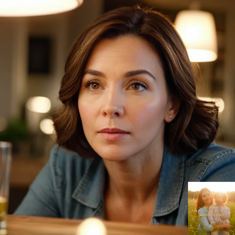 The image should show: A solo mother in her mid-thirties, sitting at a cluttered kitchen table surrounded by financial documents, with a worn couch and TV screen visible behind her, under a warm yet subtle overhead lighting that captures the practicality and emotional weight of her situation.