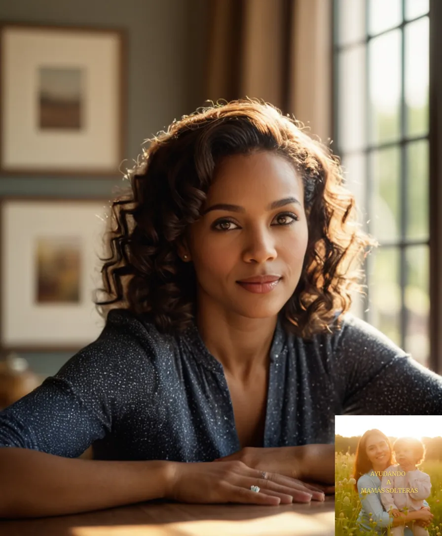 The image should show a warm and inviting close-up of a single mother in her late 30s or early 40s, sitting at a cluttered kitchen table surrounded by financial documents and children's artwork, while proudly holding her hand against the bright sunlight spilling through the open window.