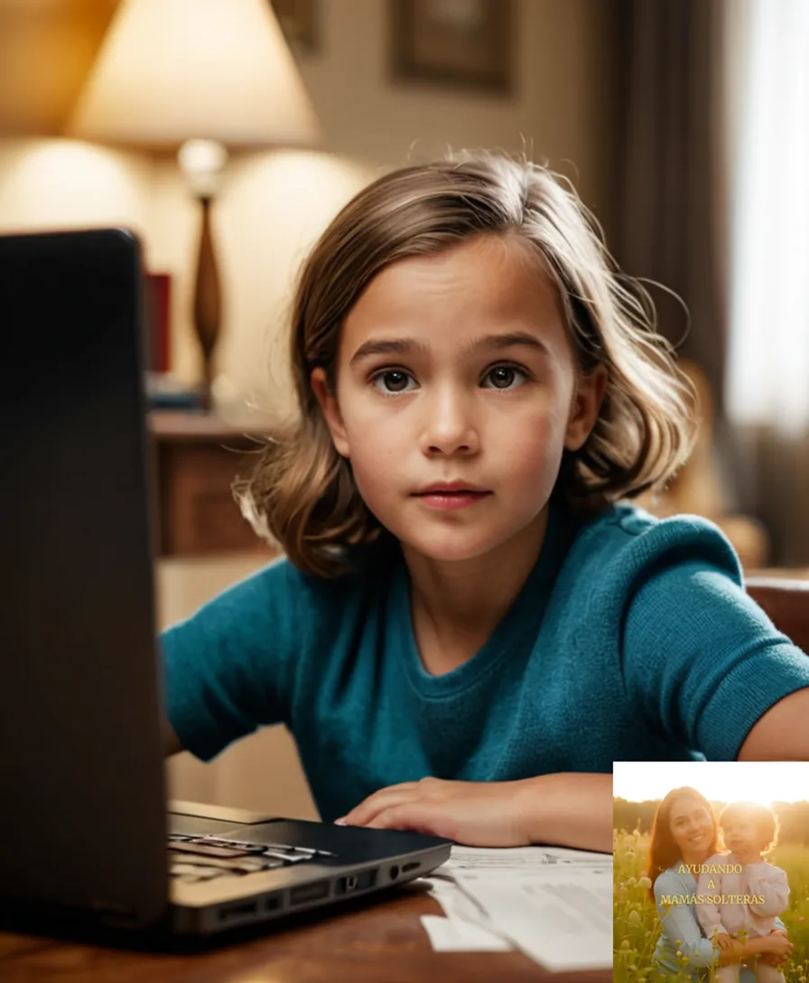 The image should show: A warm and inviting living room with a single mother in her mid-30s, surrounded by stacks of bills and papers, with a determined expression on her face as she sits at a cluttered desk, typing away on a laptop while a young child plays nearby.